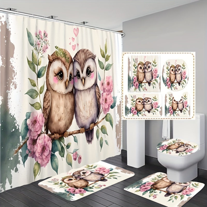 

1/3/4pcs Cute Owl & Floral Print Shower Curtain Set, Waterproof Bathroom Curtain With Free Hooks, Non-slip Rug, Toilet Lid Mat And Bath Mat, Bathroom Accessories