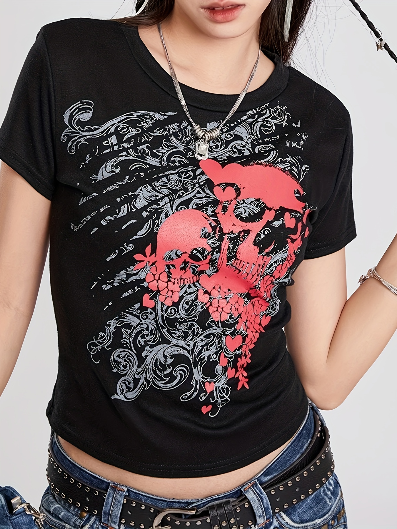 SUNSIOM Women Summer Vintage T-Shirt Skull Pattern Crew Neck Short