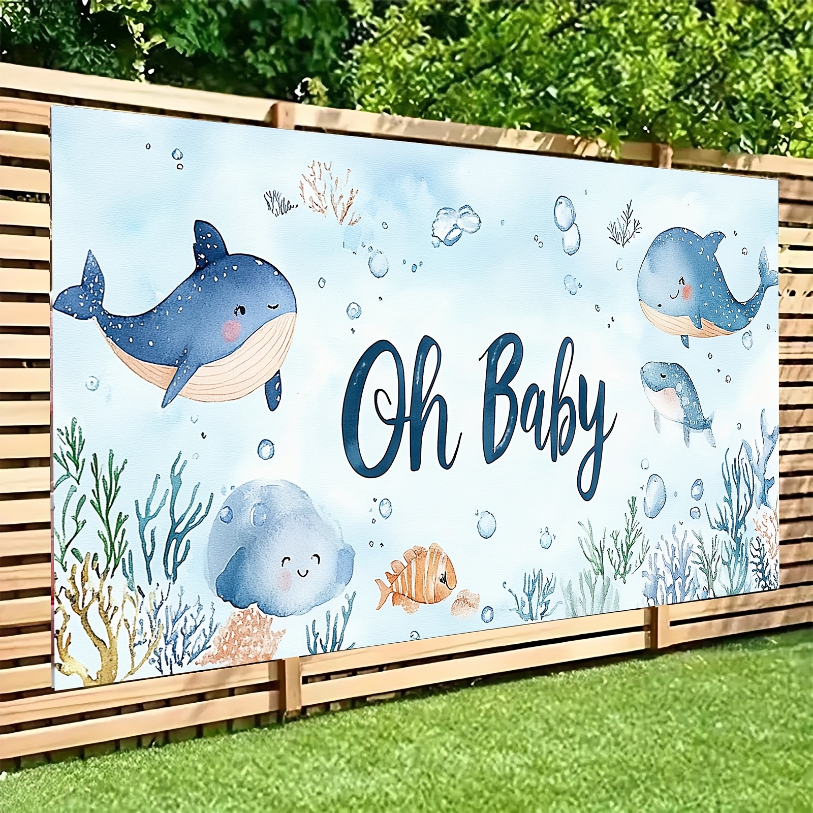 1pc ocean themed oh   watercolor backdrop banner cute   animals design with whales fish jellyfish polyester material no power needed     showers birthday parties home decor   shower decor   design polyester backdrop   shower decorations 0