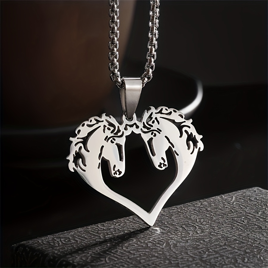Couple Stainless Steel Double Horse Head Pendant Celtic Knot Heart Animal Necklace For Men Women Good Luck Irish Jewelry Gifts