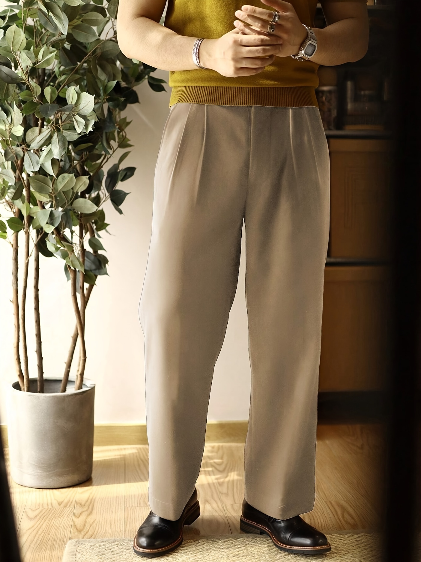 Leg Trousers Mens Pleated Waist Pants Men's High Waist Pleated