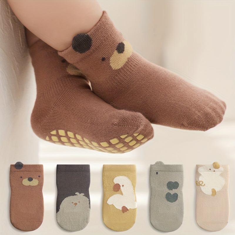 E-shop 5-Pack Cartoon-Socken, Punktrutschsocken, Rutschfeste Socken, Kleinkindsocken, Babysocken mit Bär-, Ente- Küken-Muster