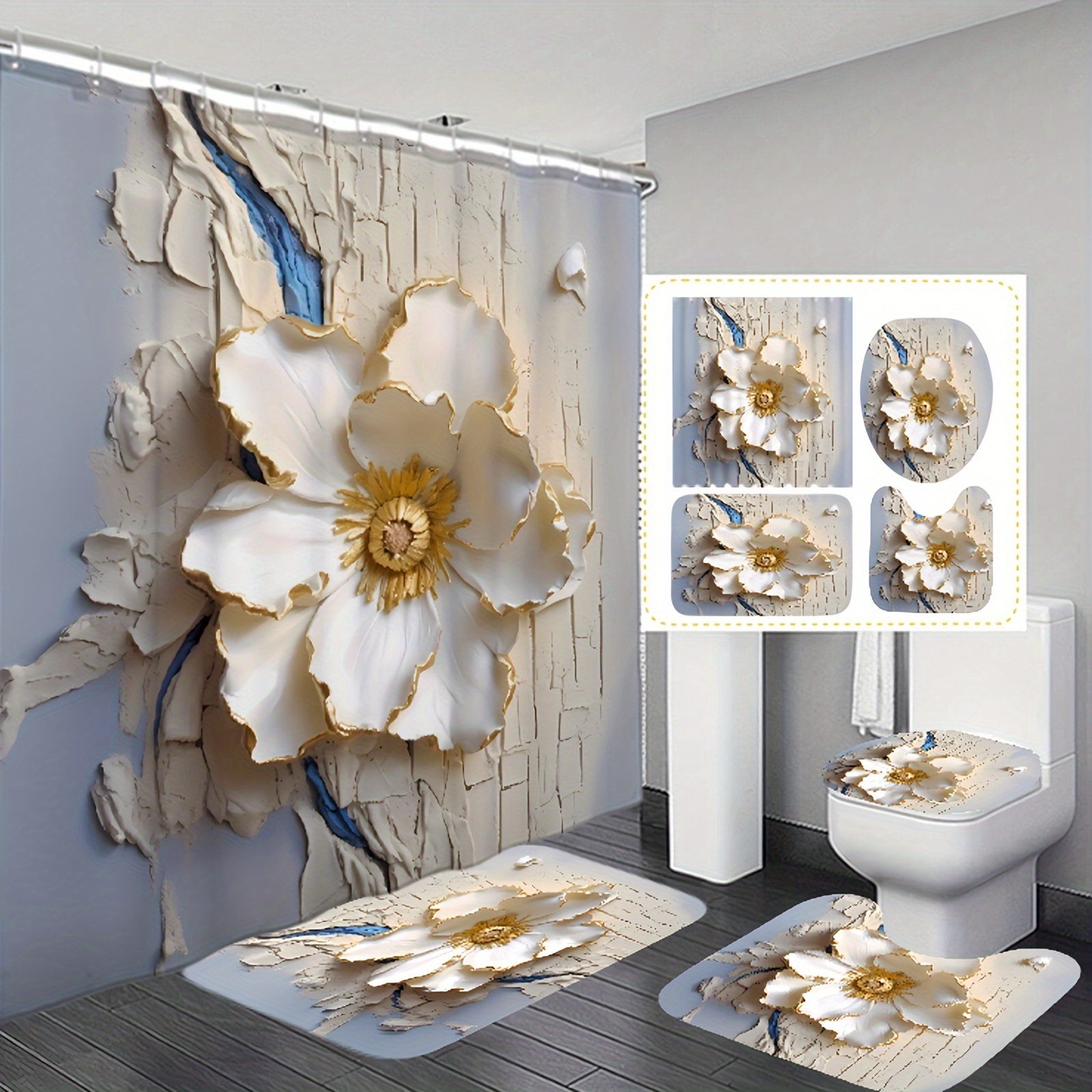

1/3/4pcs Hot Gold Floral Digital Print Waterproof Shower Curtain And Carpet Modern Home Bathroom Decor Shower Curtain With Carpet And Toilet Lid