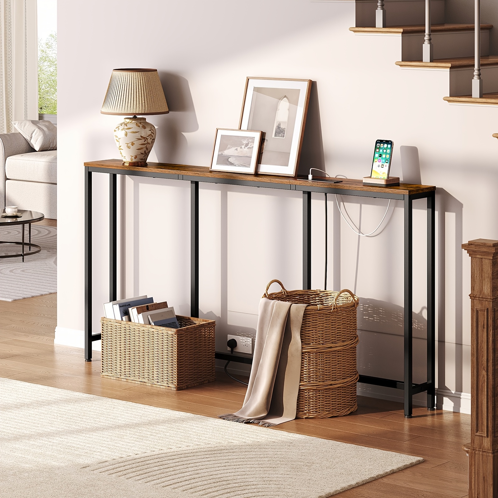 180  long console table stylish rectangle sofa table for small spaces   bedside table or behind sofa modern   storage organizer entryway table for living room entrance hallway brown details 4