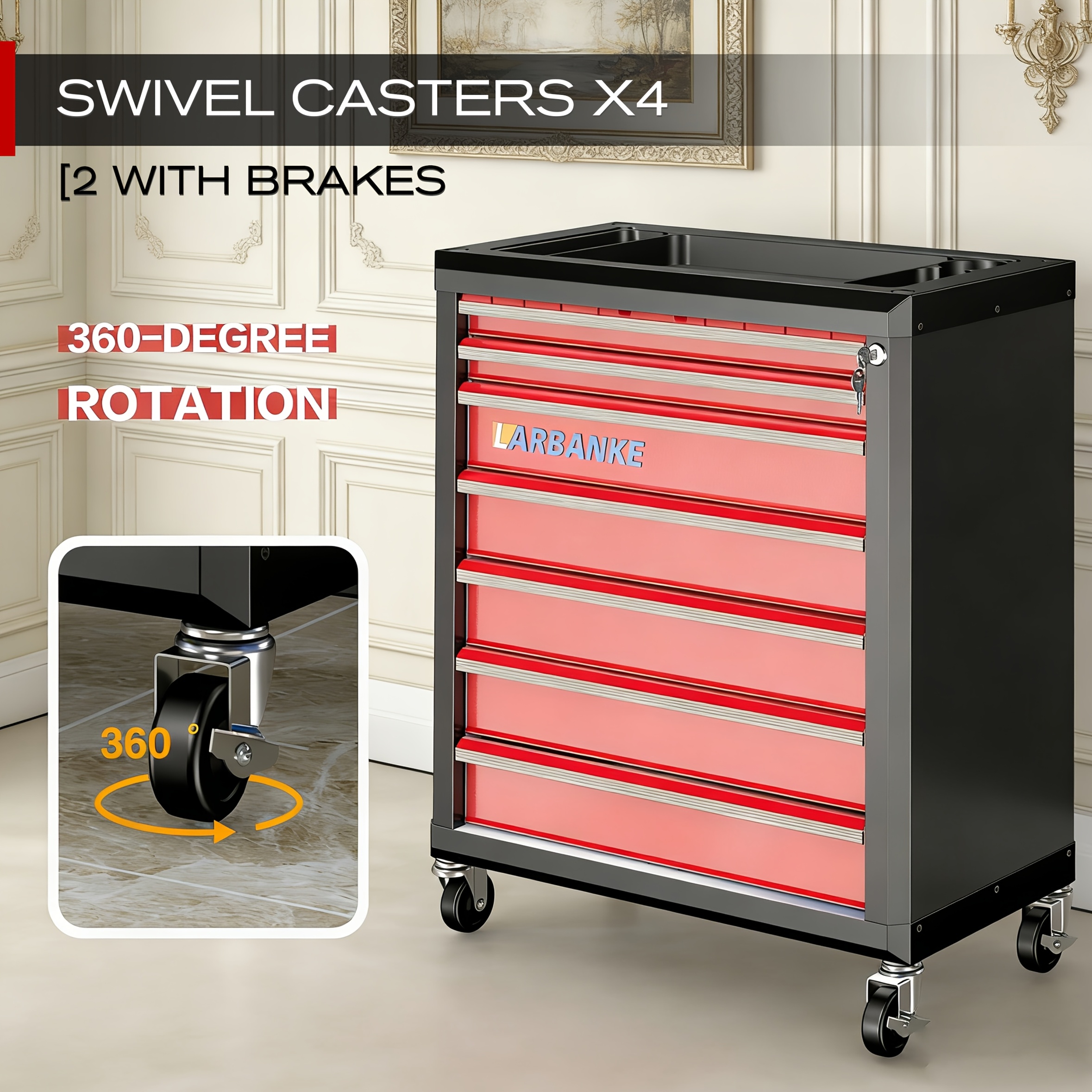 7-drawertool Cabinet, Large Rolling Tool Chest With Locking System And 360°wheels, Abs Plastic, For Storing Automotive Repair Tools