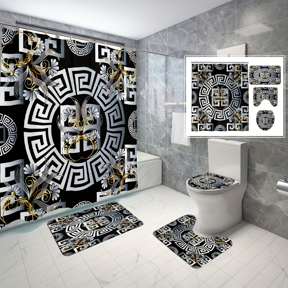 

Ensemble de de douche géométrique et floral noir, blanc et doré avec 12 crochets, tapis de bain, abattant de toilette et tapis en U - pour de l'élégance à la décoration de votre salle de bain