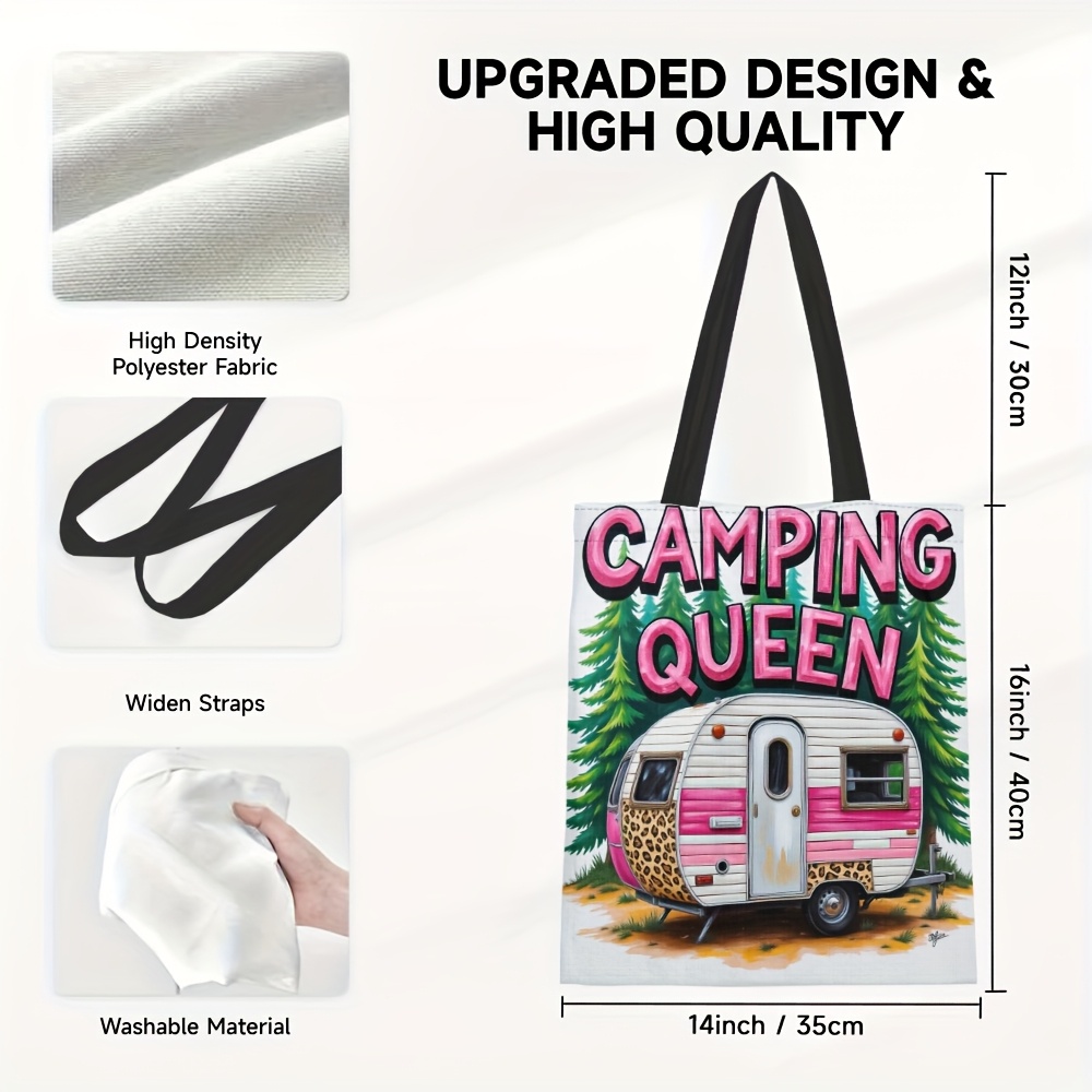 TEMU 1pc Durable & Pine Trees Design Polyester Tote Bag - Machine Washable Reusable Grocery Bag With Fixed Shoulder Straps For Shopping, Work,