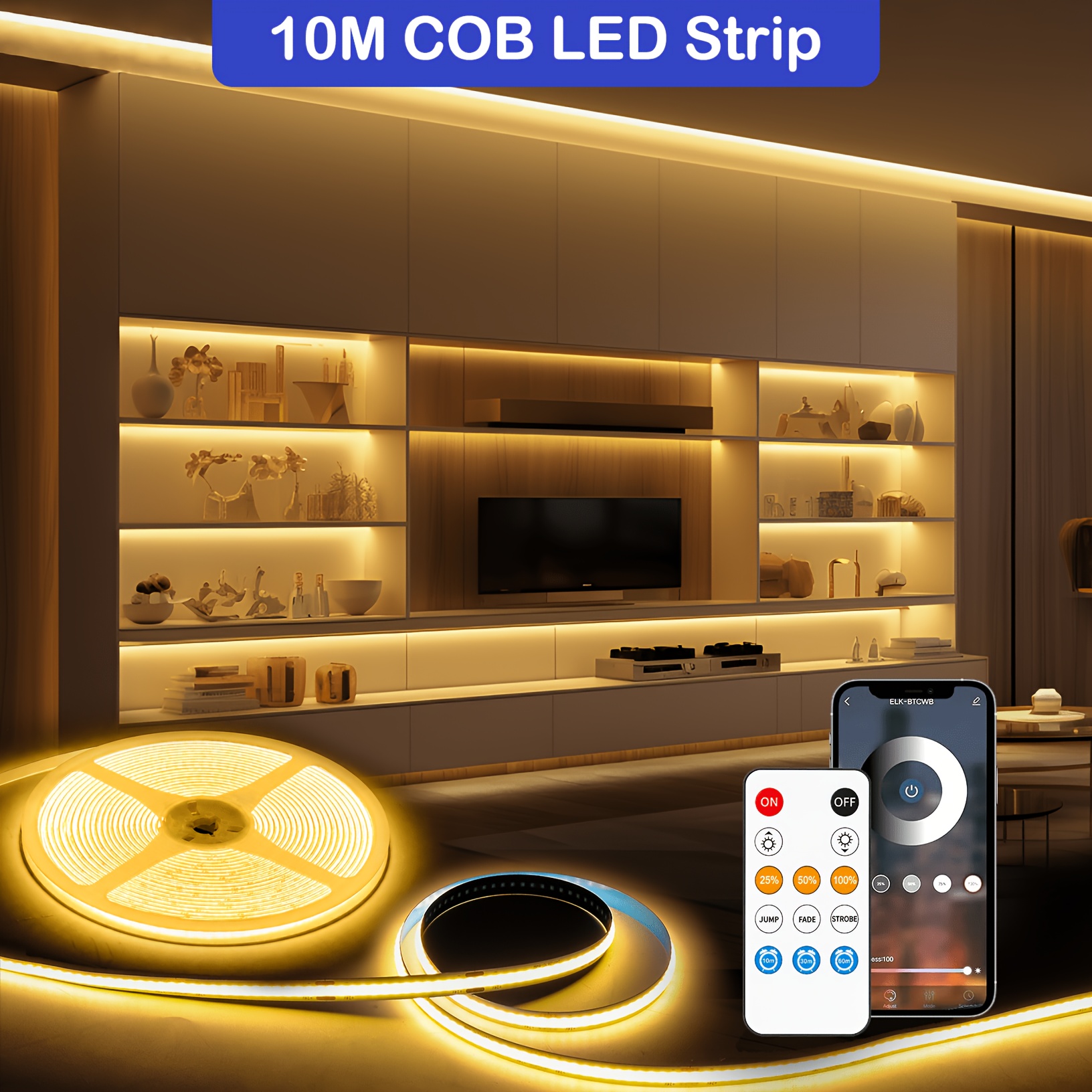 Smart Cob Led Strip Light, 2m-30m 312leds/m, App And Remote Control, 3000k, Dimmable, Timer
