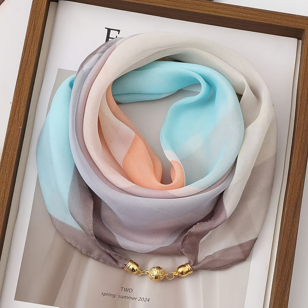 Image of Women's Bohemian Magnetic Square Scarf - Transparent Chiffon Suitable For Spring/summer, Windproof , 100% Polyester Fiber, Striped Vertical For Outdoor & Casual Wear, Lightweight Elegant Accessory
