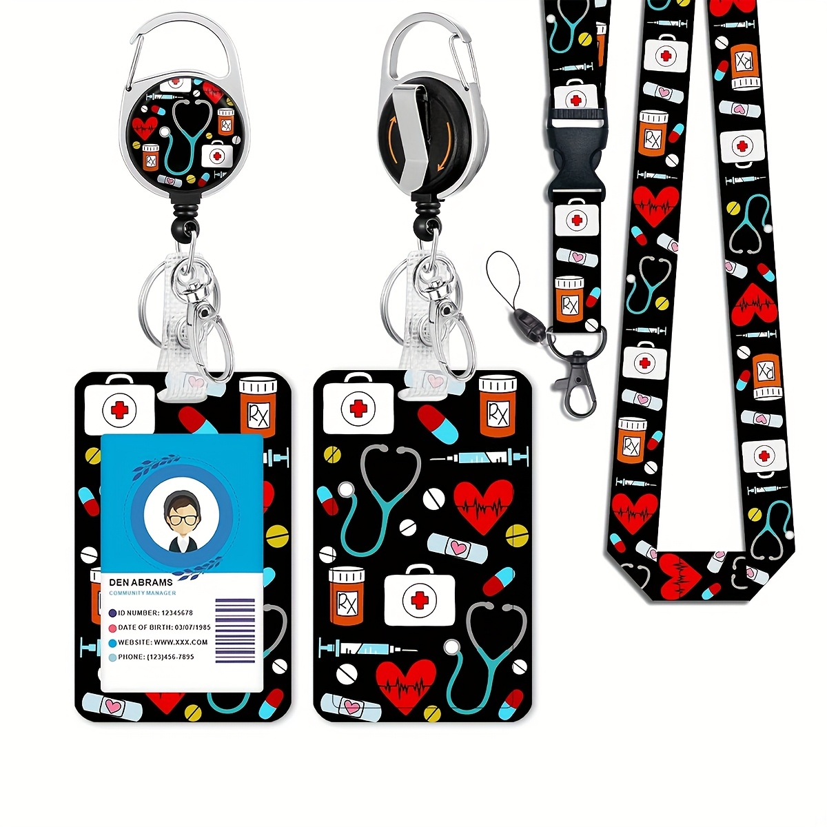 Image of 2d Medicine Bottle Stethoscope Retractable Badge Clip With Detachable Lanyard Fun Id Clip Keychain Vertical Id Protector, Fashion Name Tag Clip, With Heavy-duty Badge Reel