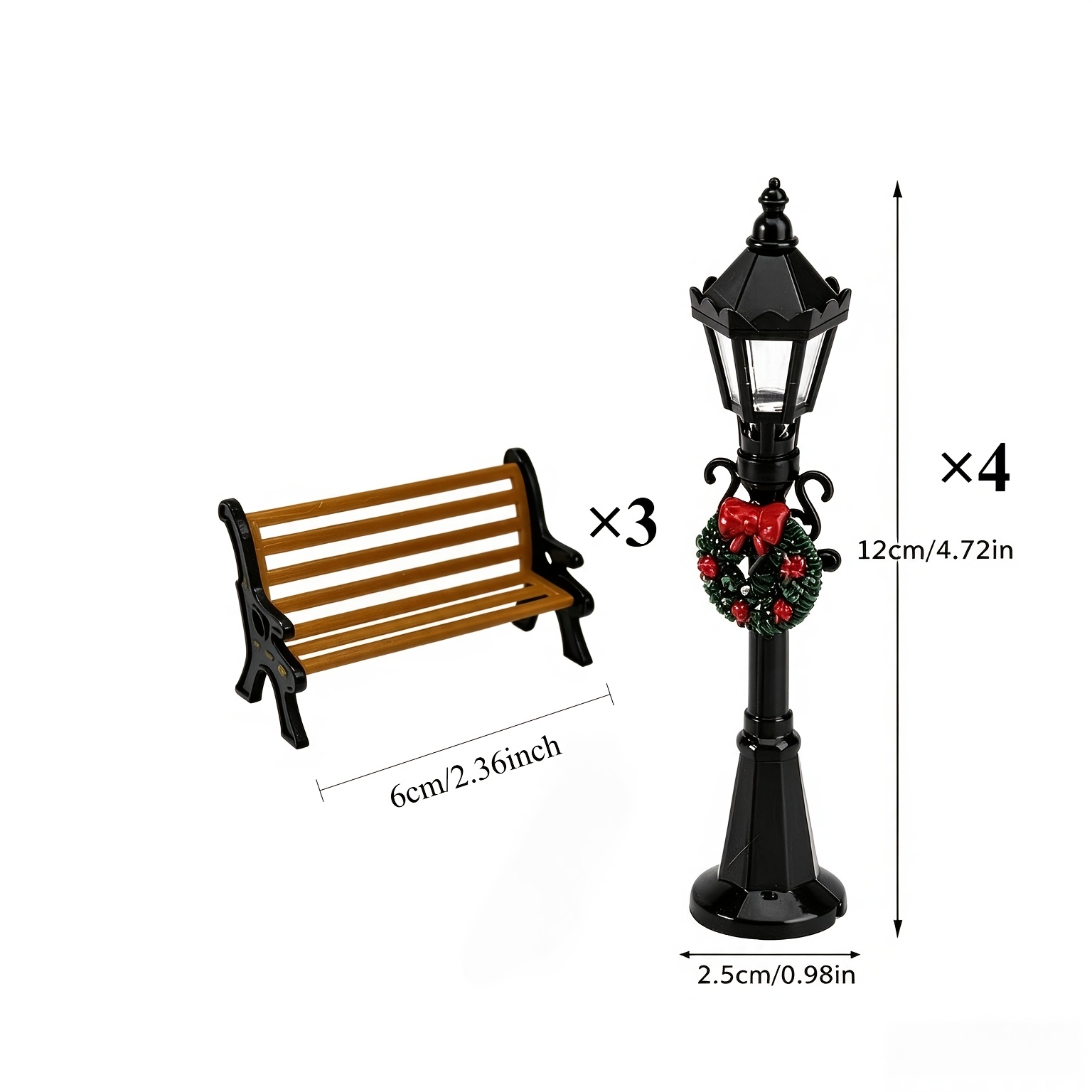 TEMU Ensemble Miniature Rétro Noir de Rue Lampadaire de Noël et Banc de Parc, , Décoration de Bureau, Mini - Accessoires de Micro Paysage d'Hiver,