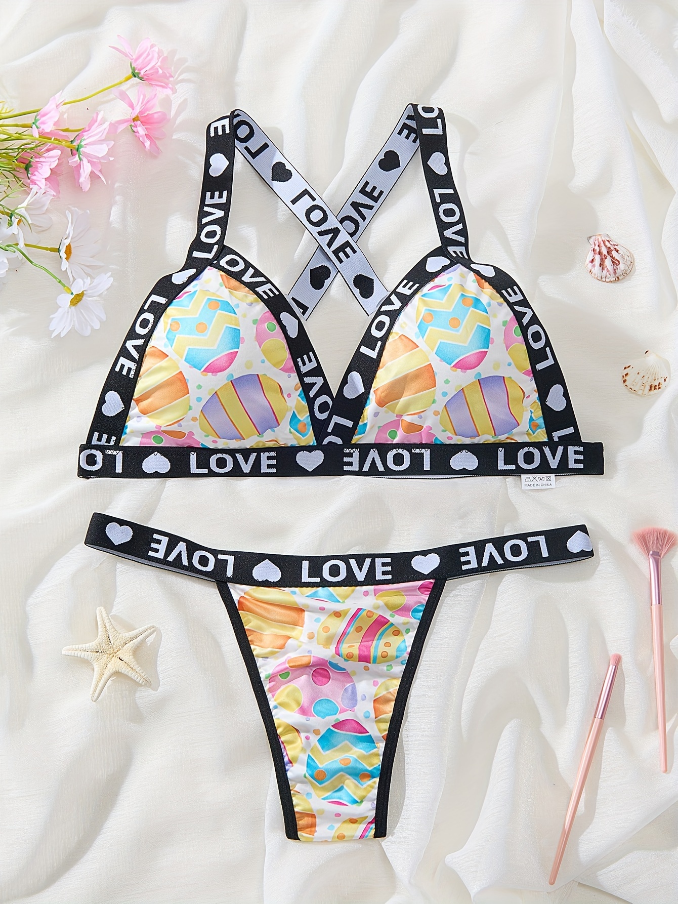 Women s Easter Day Sexy Lingerie Set Plus Size Colorful Eggs Print Letter Tape Cross Back Bra Thong Lingerie 2 Piece Set