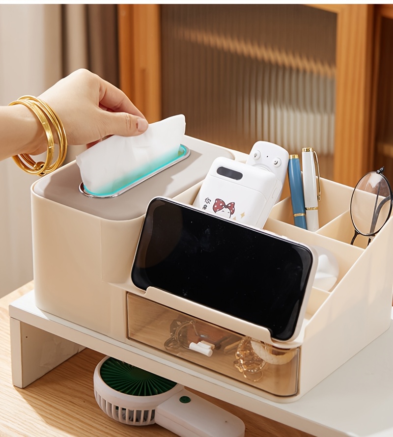 1pc desktop multifunctional tissue storage box mobile phone holder cosmetic storage rack pen glasses remote control holder drawer   counter storage rack bedroom living room organizer grid classification storage box Product details 3