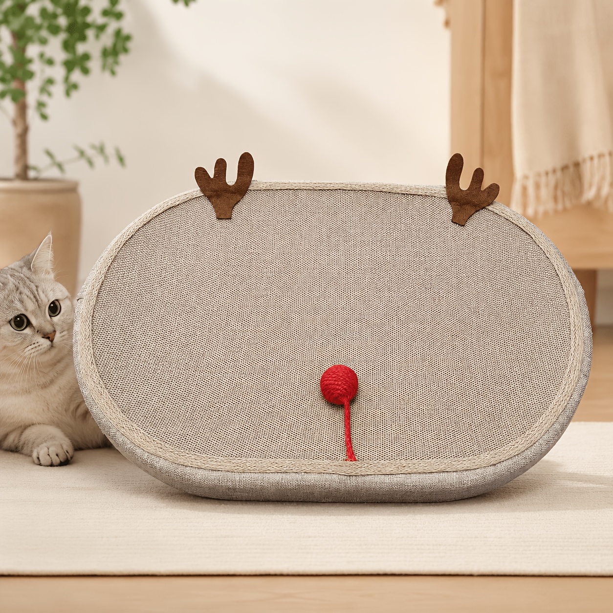 TEMU Large Durable Cat Scratching Board & Resting Pad - Scratching Post With Antler Design & Toy Ball, Wear-resistant Edges Suitable For Indoor Cats,