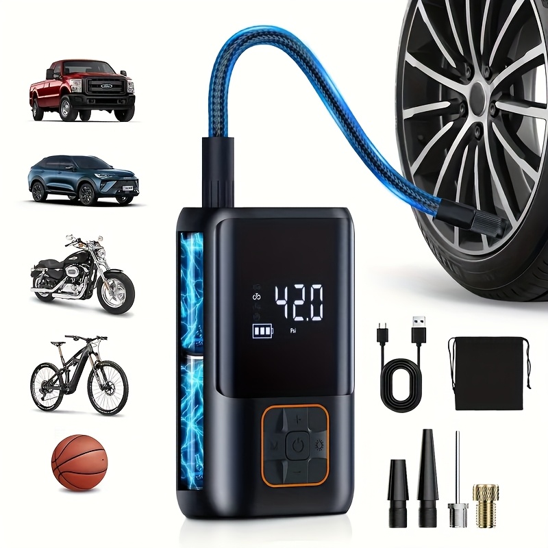 TEMU Compresseur d'Air Portable pour Gonfleur de Pneus, Pompe à Air Fil 8000mAh pour Pneus de , Pompe Électrique 3X Plus Rapide 150 PSI avec Lumière