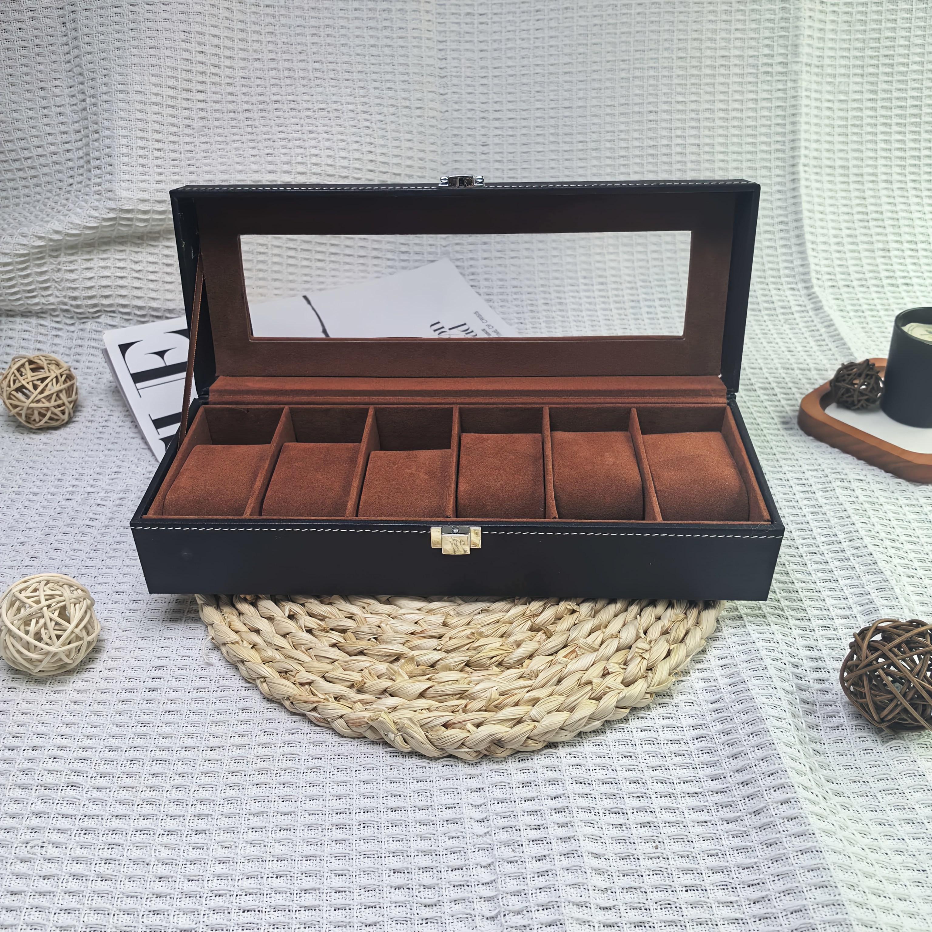 TEMU Men's Watch Display Box, Pu Watch Storage Case, Watch Travel Storage Tray, Watch Collection Storage Box (black Pu, Brown Lining, 6 Slots)