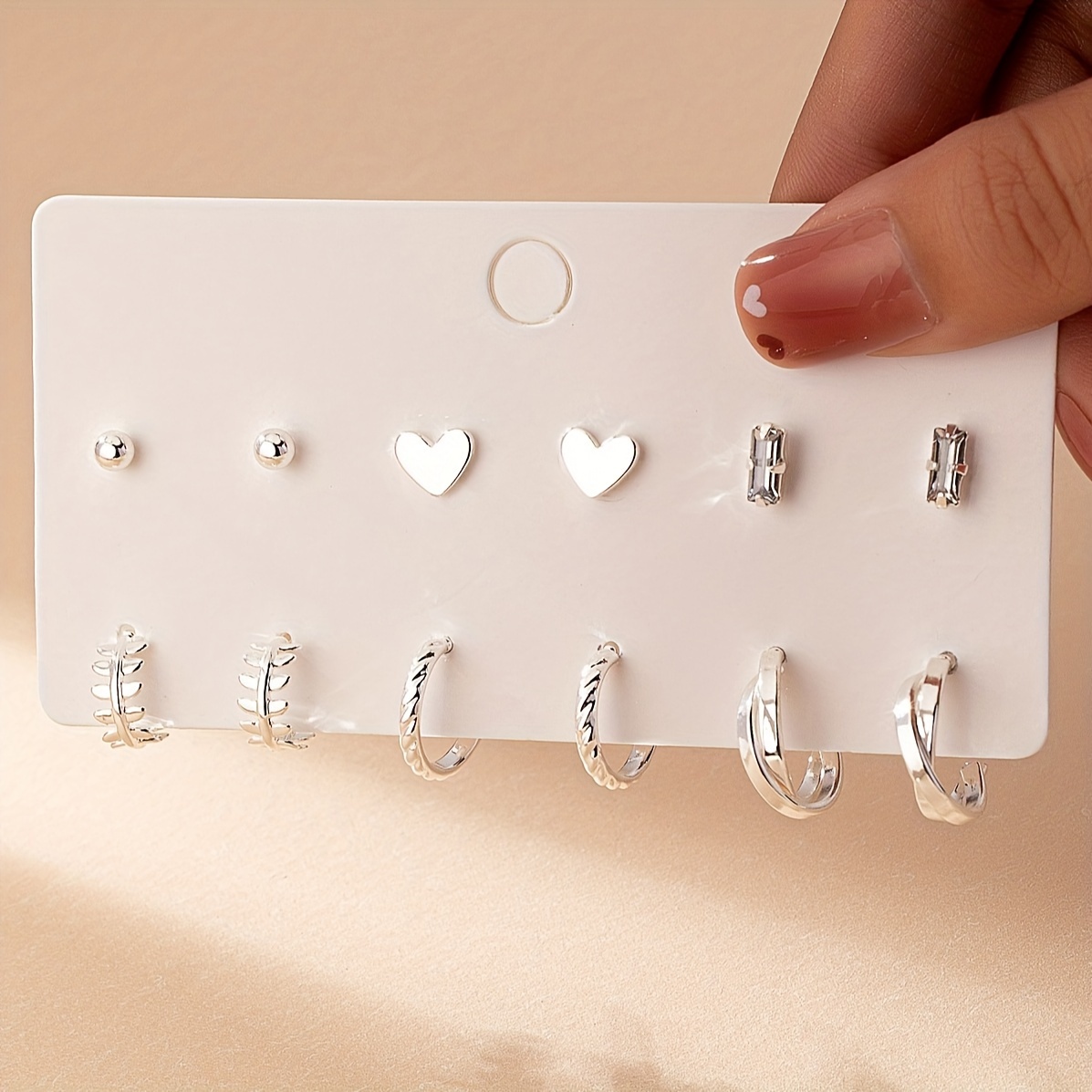 Image of 1 Pair Classic Fashion Easy Design Ladies' College Transparent Gemstone Decor Heart Symbol Leaf 6 Pairs Small Stud Earring Hoop Set Suitable For Women' Wear Gift Jewelry