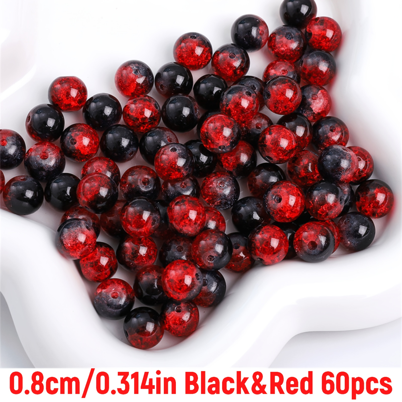 TEMU 60/120 pièces Perles acryliques craquelées 8 mm noires et rouges ; Perles effet de glace, perles craquelées pour la fabrication de bijoux DIY,