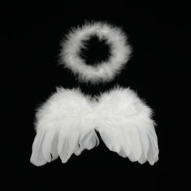 Image of 2pcs/set Wings And Halo Costume With Feather Wings And White Feather Halo Headgear - Soft Fabric Wings Props For Weddings, Halloween, Cosplay, Parties