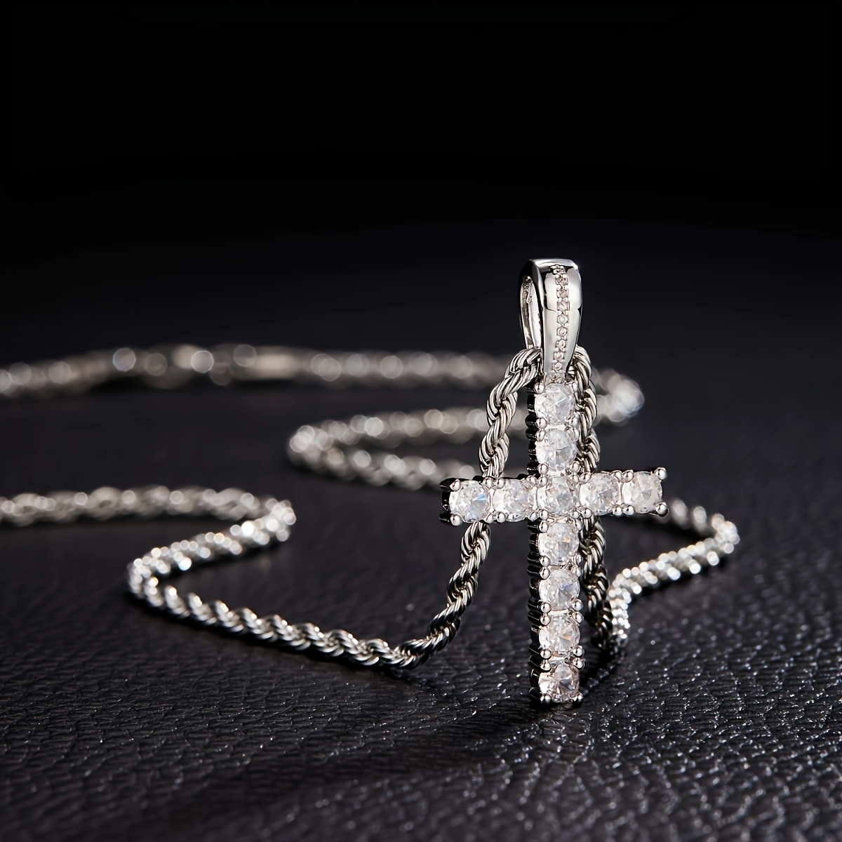 Image of 1pc Men's Cross Necklace, Large Golden Cross Pendant With Ice Cubic Synthetic Cubic Zirconiaia, Hip Hop Jewelry For Women, With 60cm 201 Stainless Steel Twisted Rope Chain