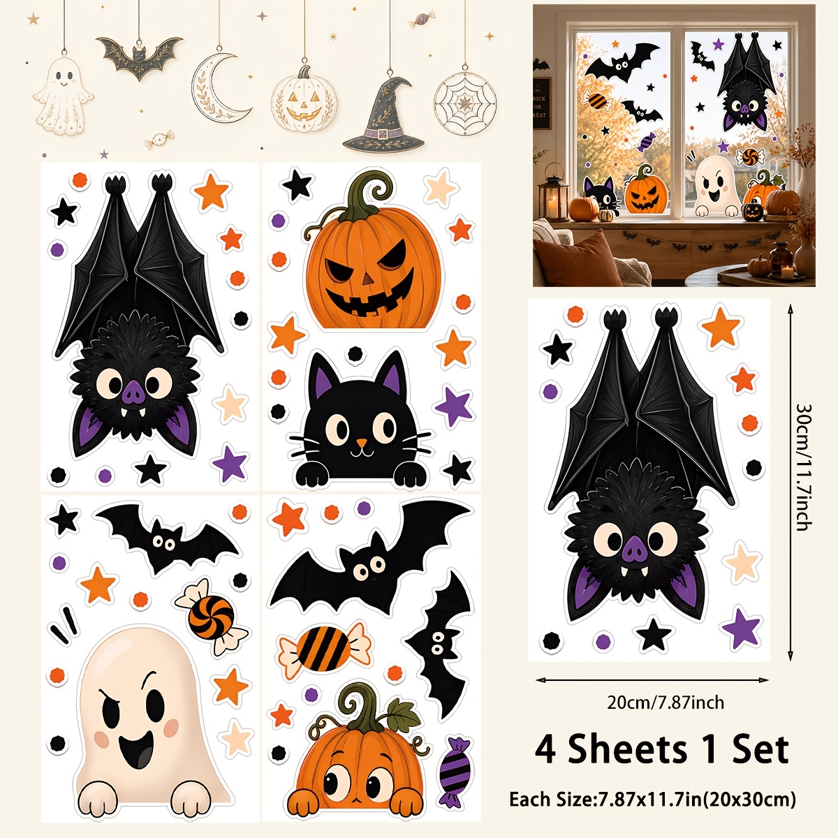 TEMU 4 Sheets Halloween Window Clings Stickers For Glass, Happy Halloween Double-sided Decals Decorations Indoor Pumpkins, , Bats, Cat, Candy, Black