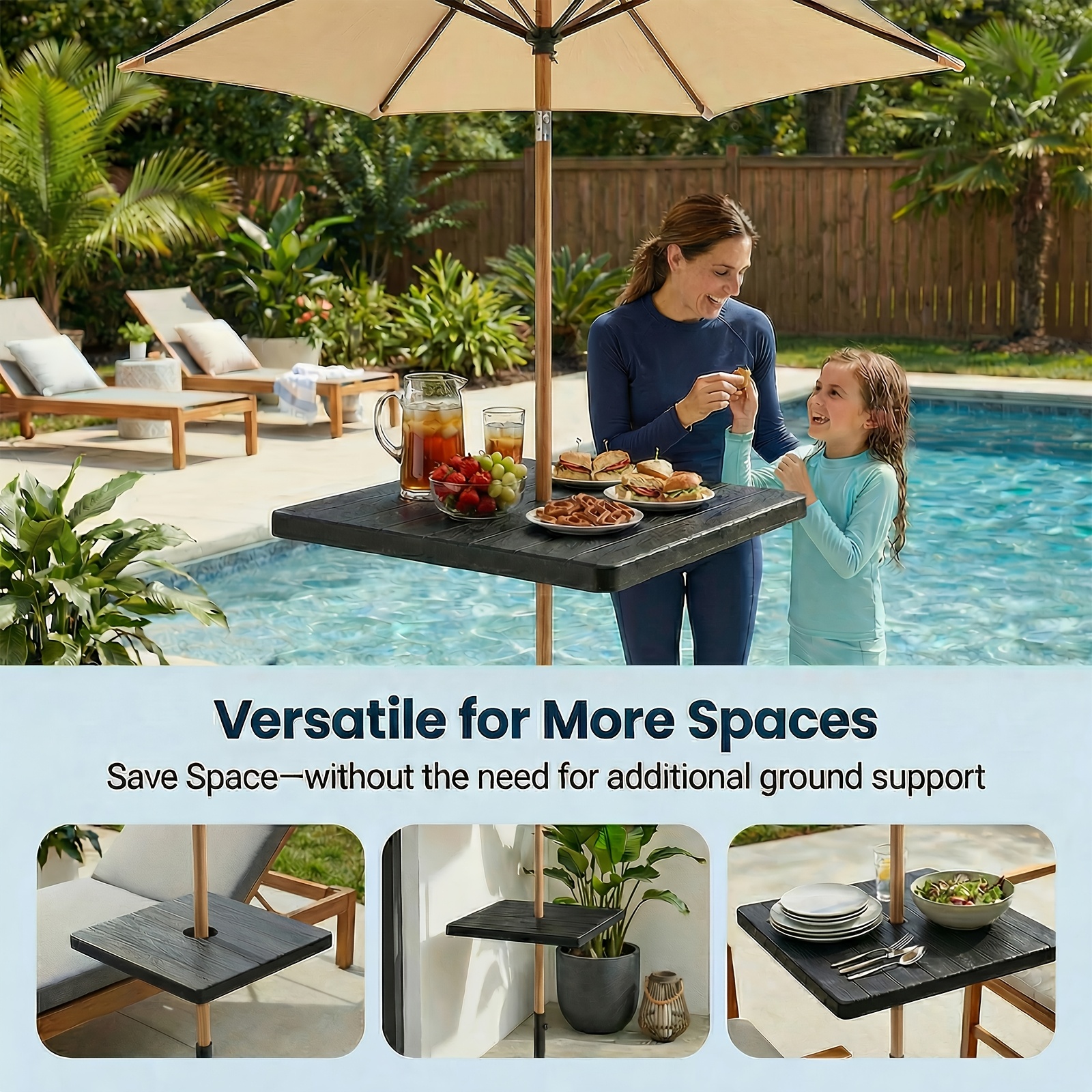 20'' Adjustable HDPE Table Top Umbrella Tray, Fits 1.5in Patio Umbrella Pole, Black Umbrella Table for Lawn, Deck, Garden, Backyard & Pool Use