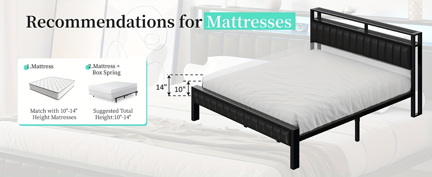 Platform Bed with LED Lights, Featuring a Faux Leather Headboard, Built-In Charging Station, And Two Levels of Storage. No Box Spring Required And Operates Quietly.