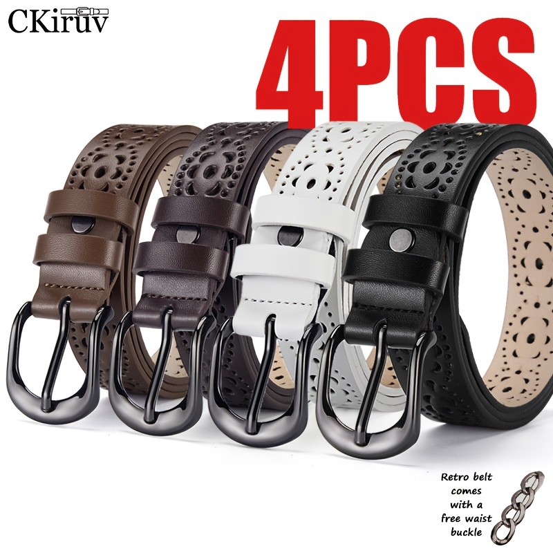 Image of 4pcs Women's Retro Hollowed-out Belt Set, Pin With Adjustable Length, With A Waist , Suitable For Skirts And Jeans, Versatile And Elegant For Casual Attire, And An For Holiday Gifts For Women.