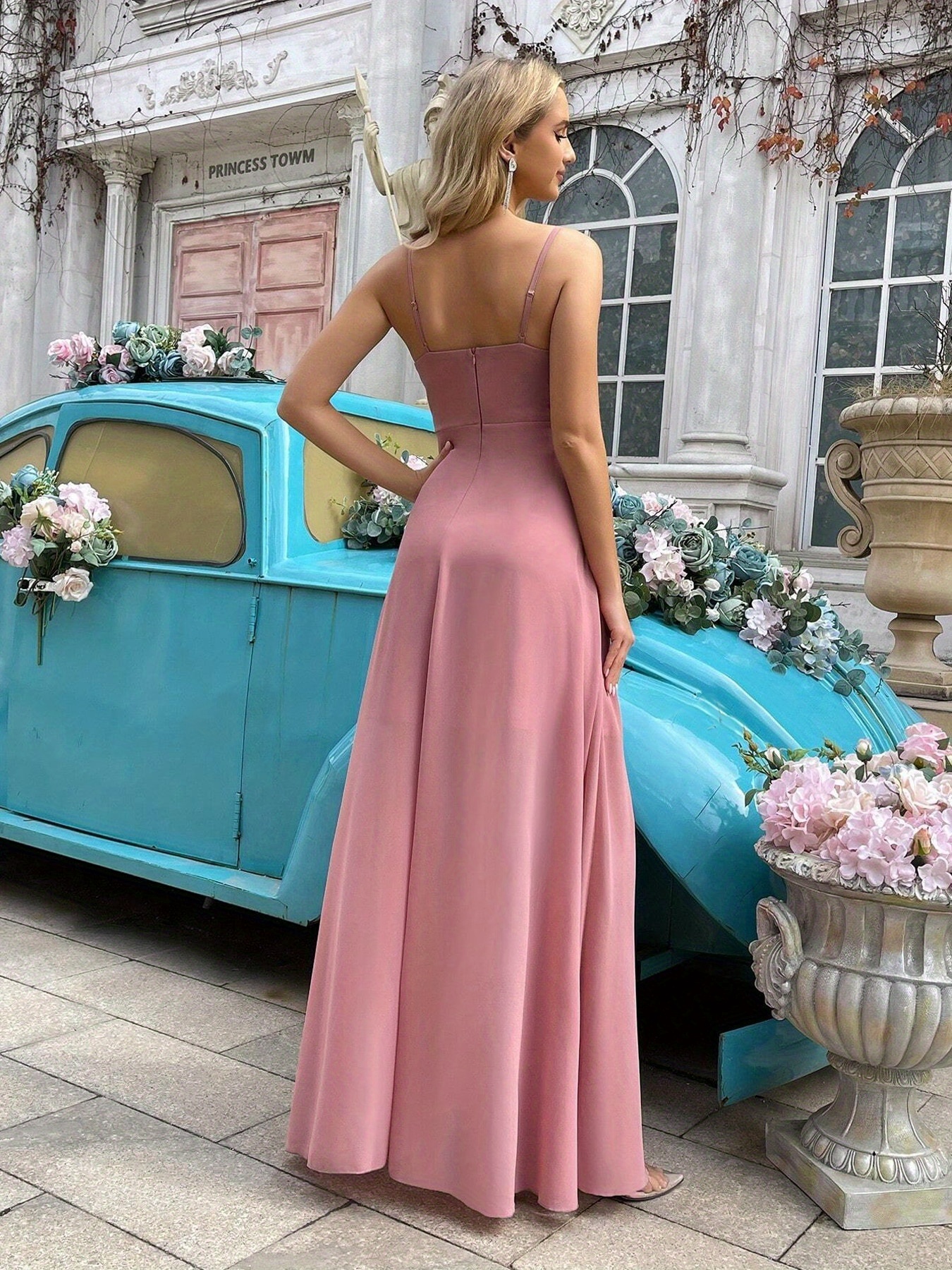 flowing chiffon bridesmaid maxi dress slit spaghetti straps - Temu Saudi  Arabia