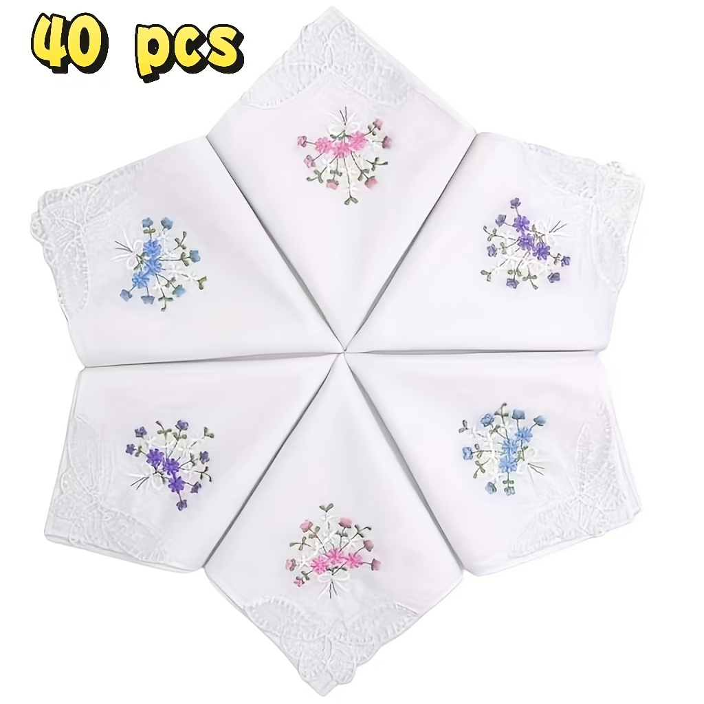 Image of 40pcs Set Of Women's Handkerchiefs With Floral Embroidery And Lace