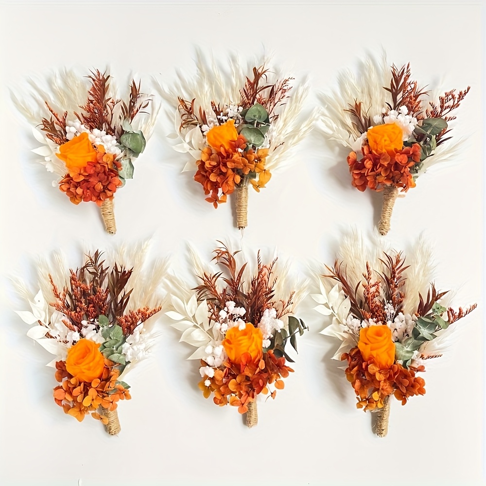 Image of 6pcs Vintage Rustic Men's Boutonniere - Groomsmen And Guests, Fall Burnt Orange Dried Eucalyptus And Pampas Grass With White Accents - Perfect For Wedding, Prom, Homecoming Decoration, Wedding Decor