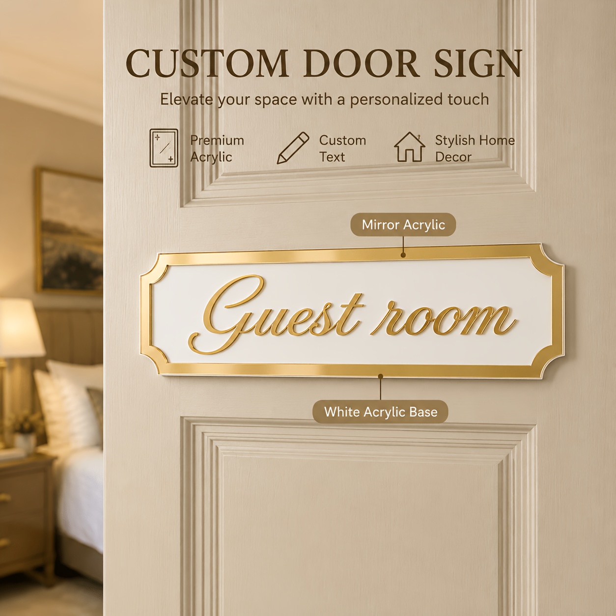 TEMU 2d Flat, Personalized Custom Acrylic Name Door Plate, 24×8cm White Acrylic Base With Mirror-finish Acrylic Border And 1pc Text, Self-adhesive