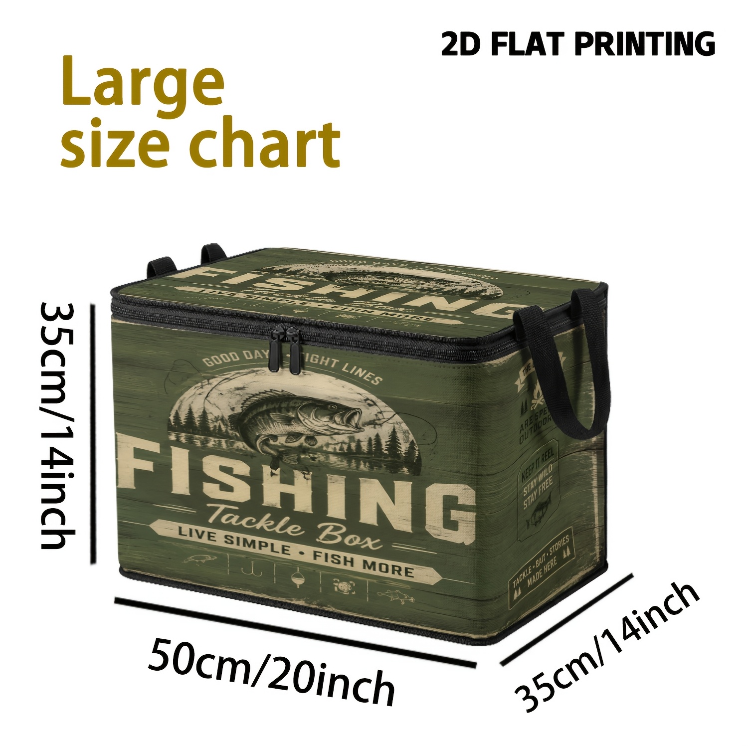 TEMU 1pc Vintage Fishing Outdoor Printed Large-capacity Storage Box With Reinforced Handles, Green Camping Tent With Fish And Angling Text