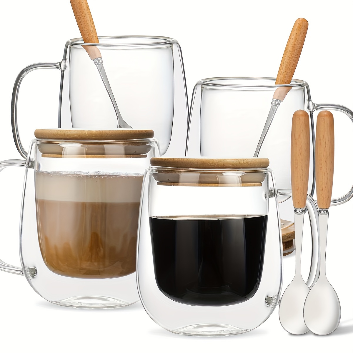 

4pcs Double Layered Glass Coffee Cups, 12oz Coffee Cup With Handle, Ice Insulated, American Cappuccino, Latte, Italian Espresso Cup, With Lid And Spoon