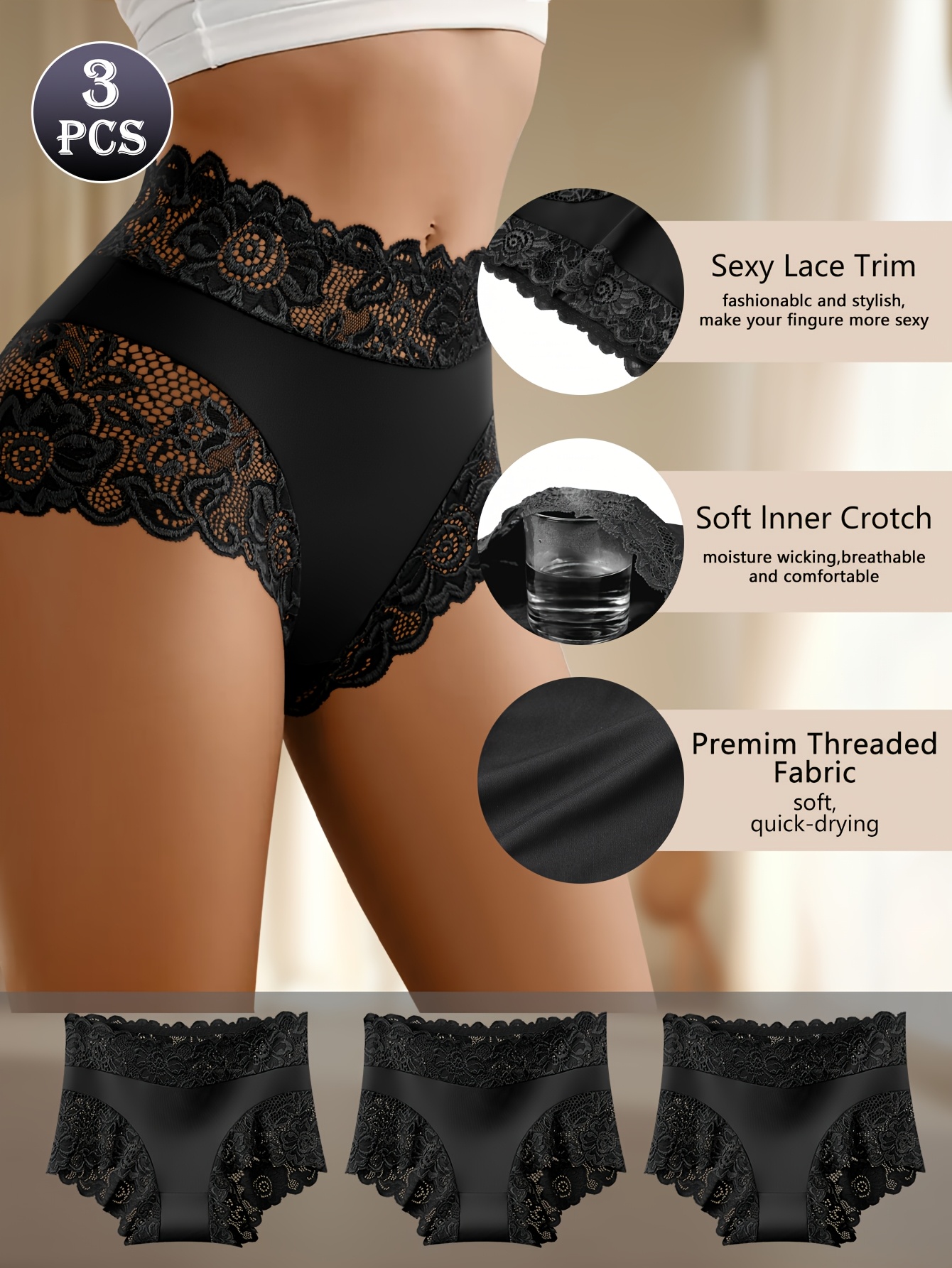 3 pack solid color high waisted lace splicing womens underwear elegant design elastic fabric essential large size   panties for daily wear