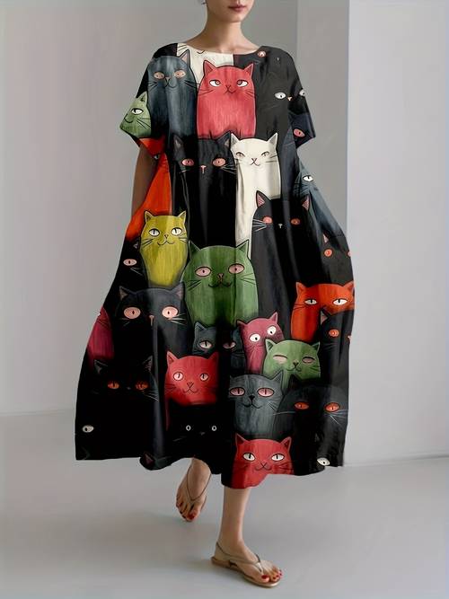womens bohemian cat print maxi dress short sleeve round neck loose fit flared skirt with pockets vibrant casual party dress for spring summer fall cat dress summer fashion pullover style
