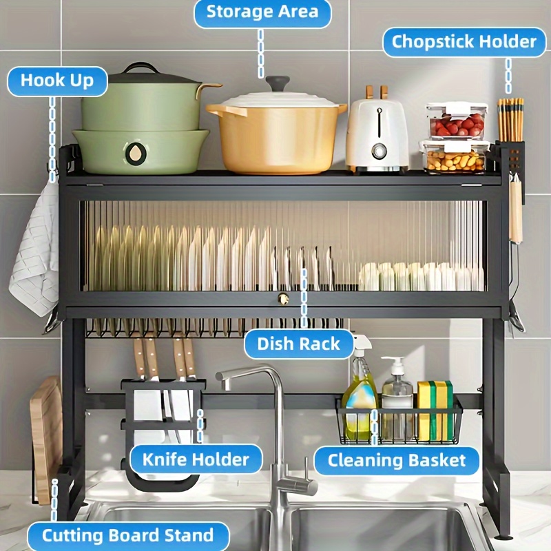 1pc escurridor de platos sobre el fregadero, estante de almacenamiento de metal de 3 niveles, organizador que para platos, vasos, tazones y cubiertos, y negro, en el piso, de estante de cocina multiusos, estantes de públicos detalles 4