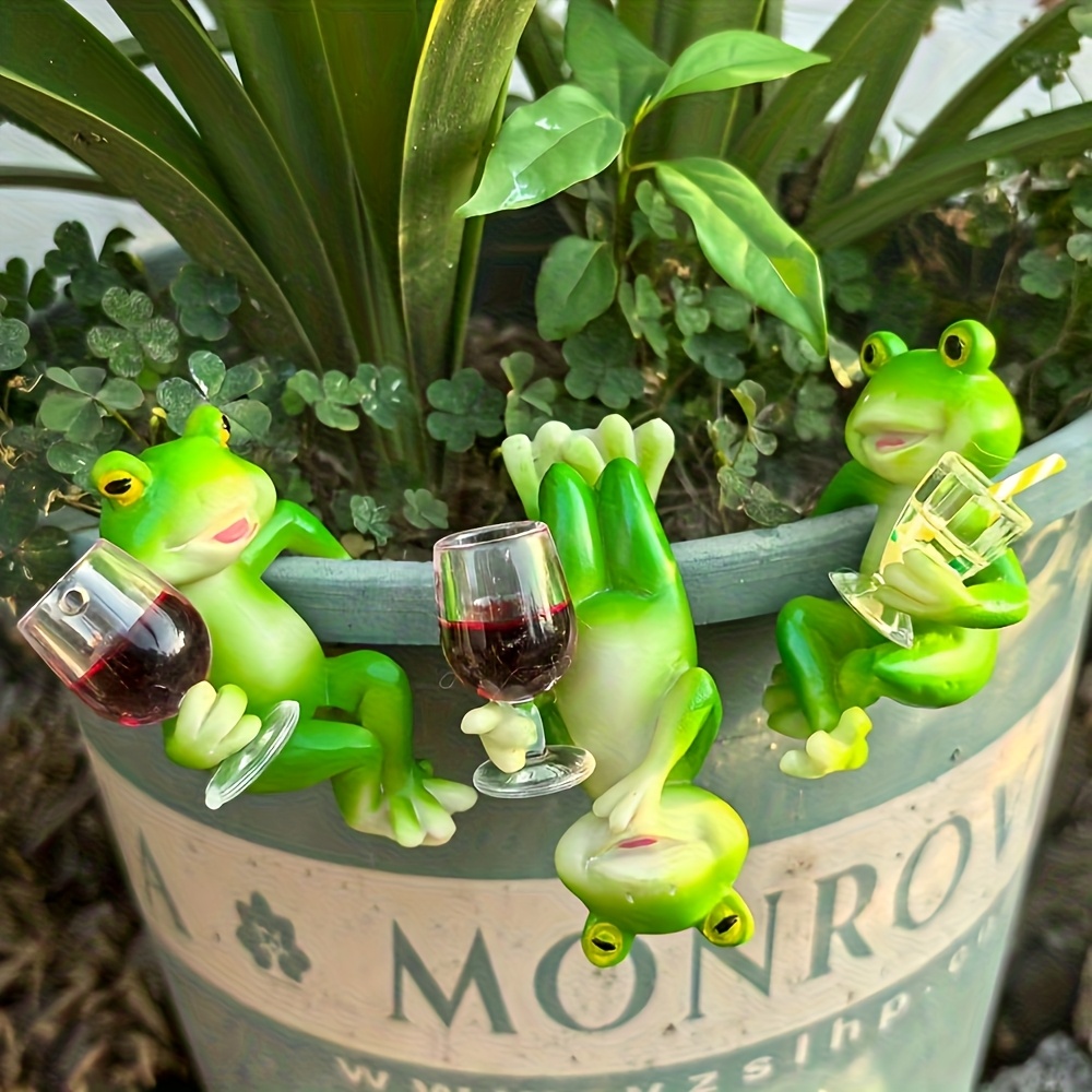 Image of A Set Of 3 Frog Decorations Made Of Resin, Featuring Frog Figures That Hold Bottles. Ornaments Are Perfect For Aquariums, , Gardens, And Can Enhance Indoor And Outdoor Home Landscapes
