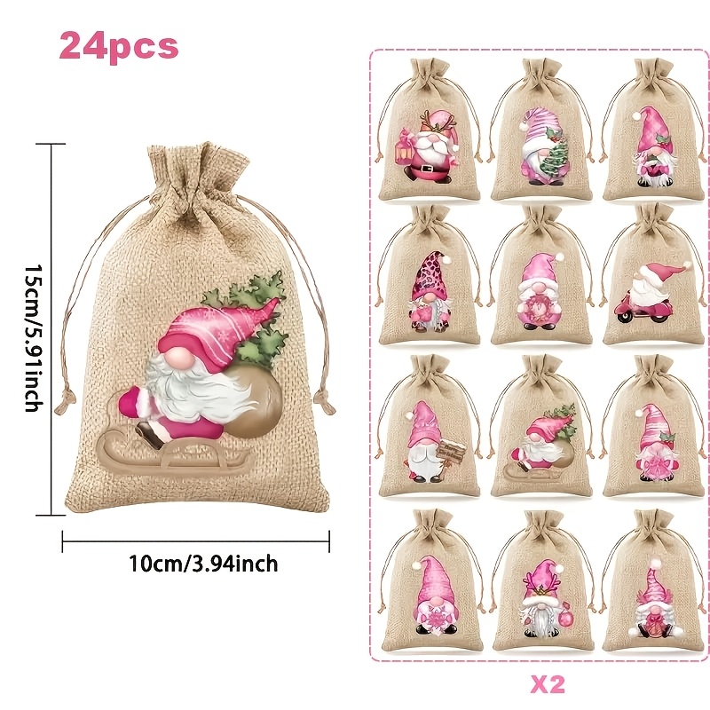 Image of 24pcs Christmas Drawstring Gift Bags, Pink Gnome Print Treat Bags, Xmas Party Favor Bags, For Jewelry, Crafts Storage, Christmas Party Favor Holiday Gift Wrapping Decor, Xmas Noel Merry Christmas
