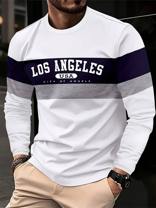 1pc mens casual long sleeve t shirt with 3d los angeles angels print round neck polyester stretch fabric regular fit for sports outdoors and everyday wear spring