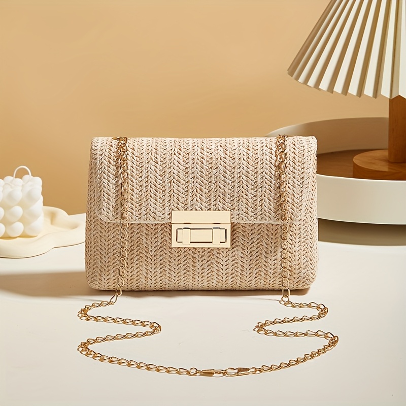 Crossbody Bag For Women Chain Strap Summer Beach Straw Flap Handbag Stylish Accessory Shoulder Bag For Outfits