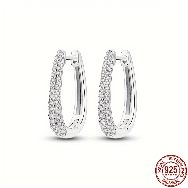 

Elegant 925 Sterling Silver Long U-shaped Hoop Earrings With Sparkling Zirconia - Parties & Gifts, Wear, Silvery