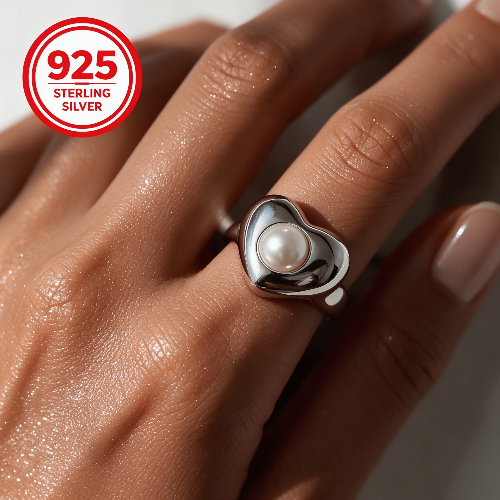 Women's 925 Silver Heart Bead Adjustable Ring, Premium Feel