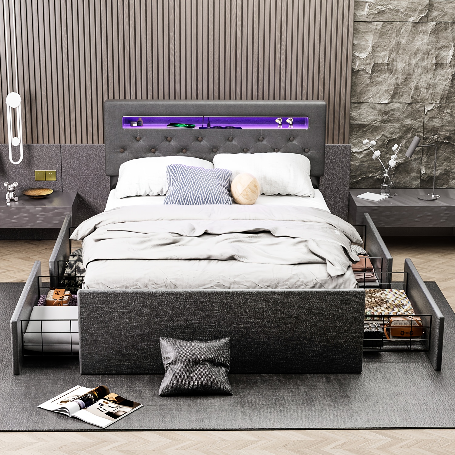 Grey Upholstered Platform Bed Frame With 4 Storage Drawers | Space Design | Modern And Low Profile | Perfect For Small Bedrooms, Apartments, Spaces