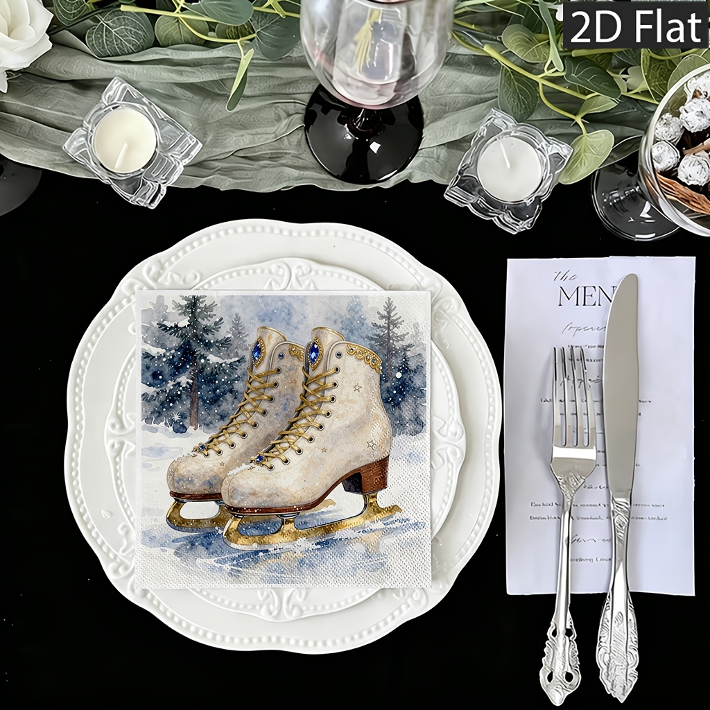 TEMU 2d Flat 20pcs Ice Skates With Golden Accents On Snowy Background, Disposable Paper Napkins, 2-ply For Extra Durability - Weddings, Birthdays &