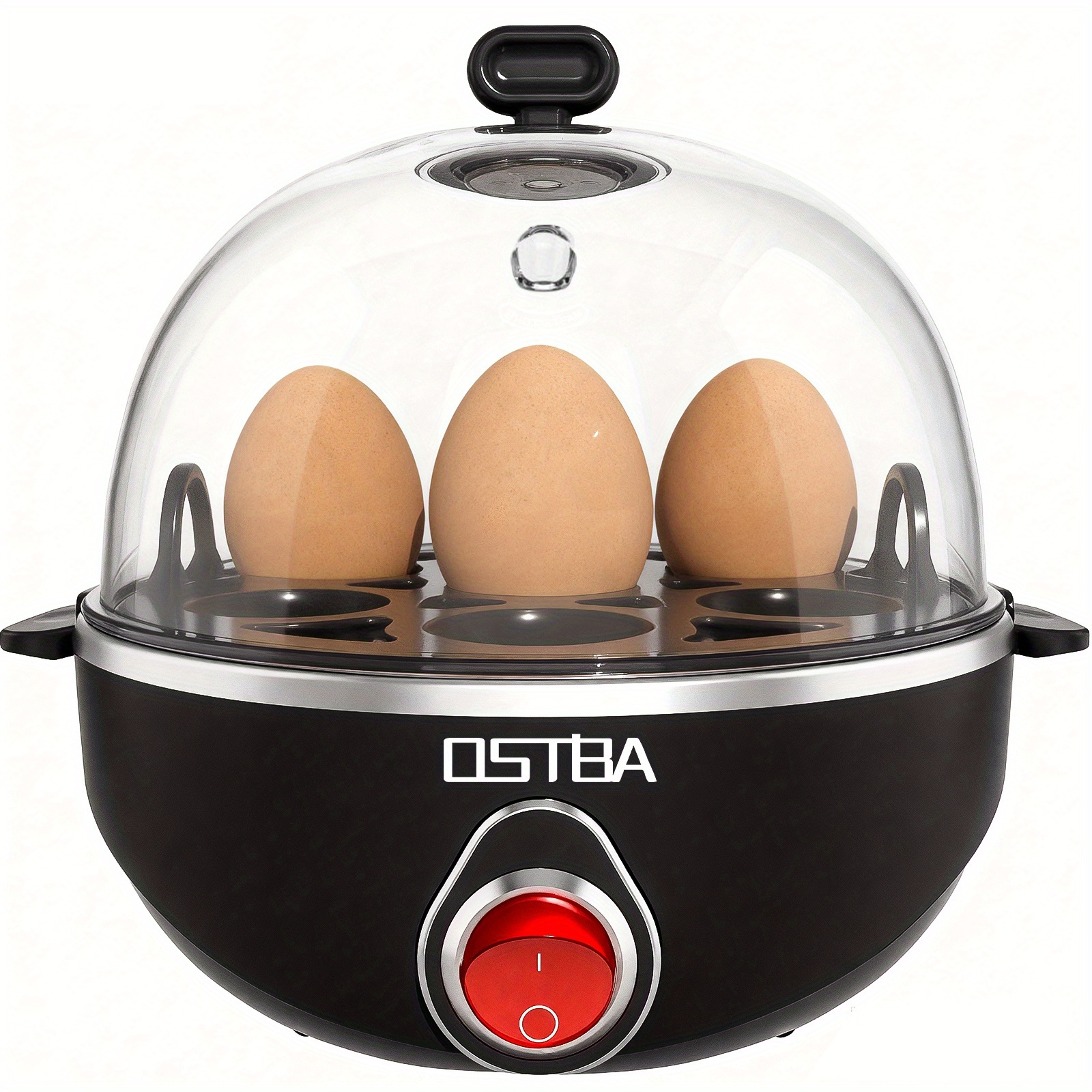 TEMU Electric Egg Boiler For 7 Eggs Featuring Alarm, Safety, And Quick Cooking For Hard, Soft, And Medium Eggs. It Includes An Easy-to-clean Poacher And A Compact Food Steamer, In Black