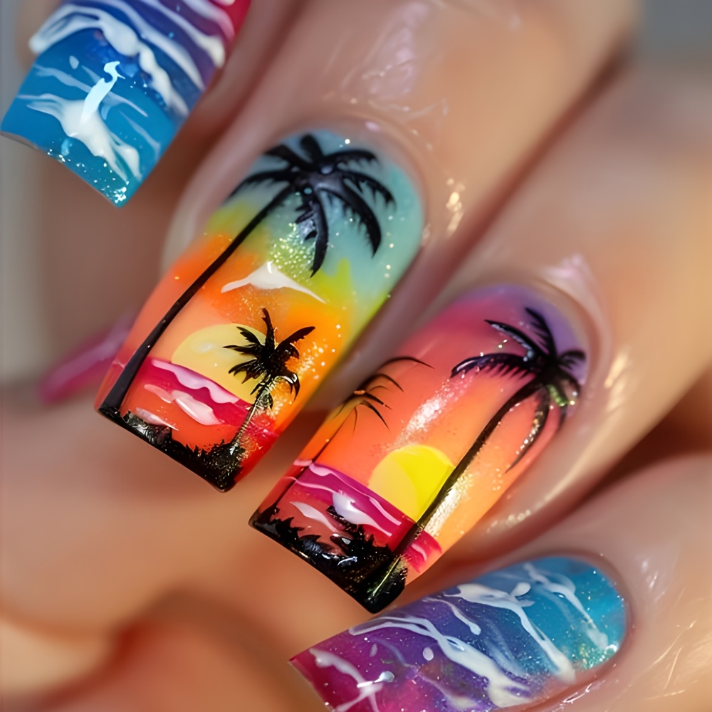 

24pcs Vibrant -on Nails Set - Medium With Tropical Beach Sunset & Palm , , Easy To Apply & Remove With Jelly Glue & File, Ideal For Spring/summer Women' Nail Art, Nail Art Supplies