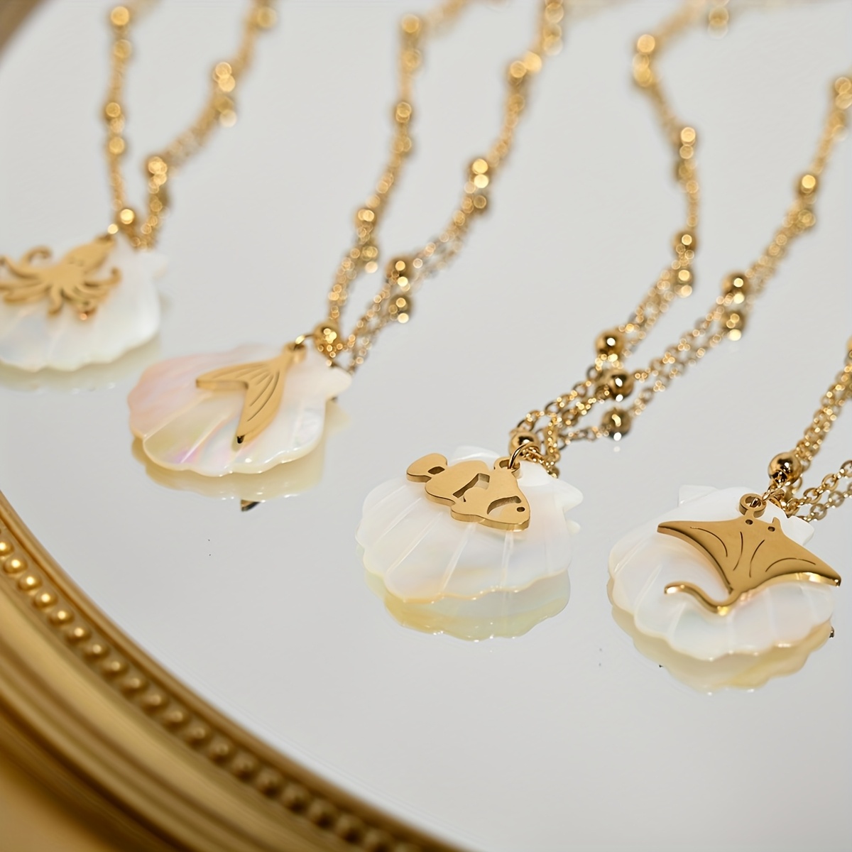 Ocean Series Golden Bead Chain Necklace with Seashell & Devil Fish
