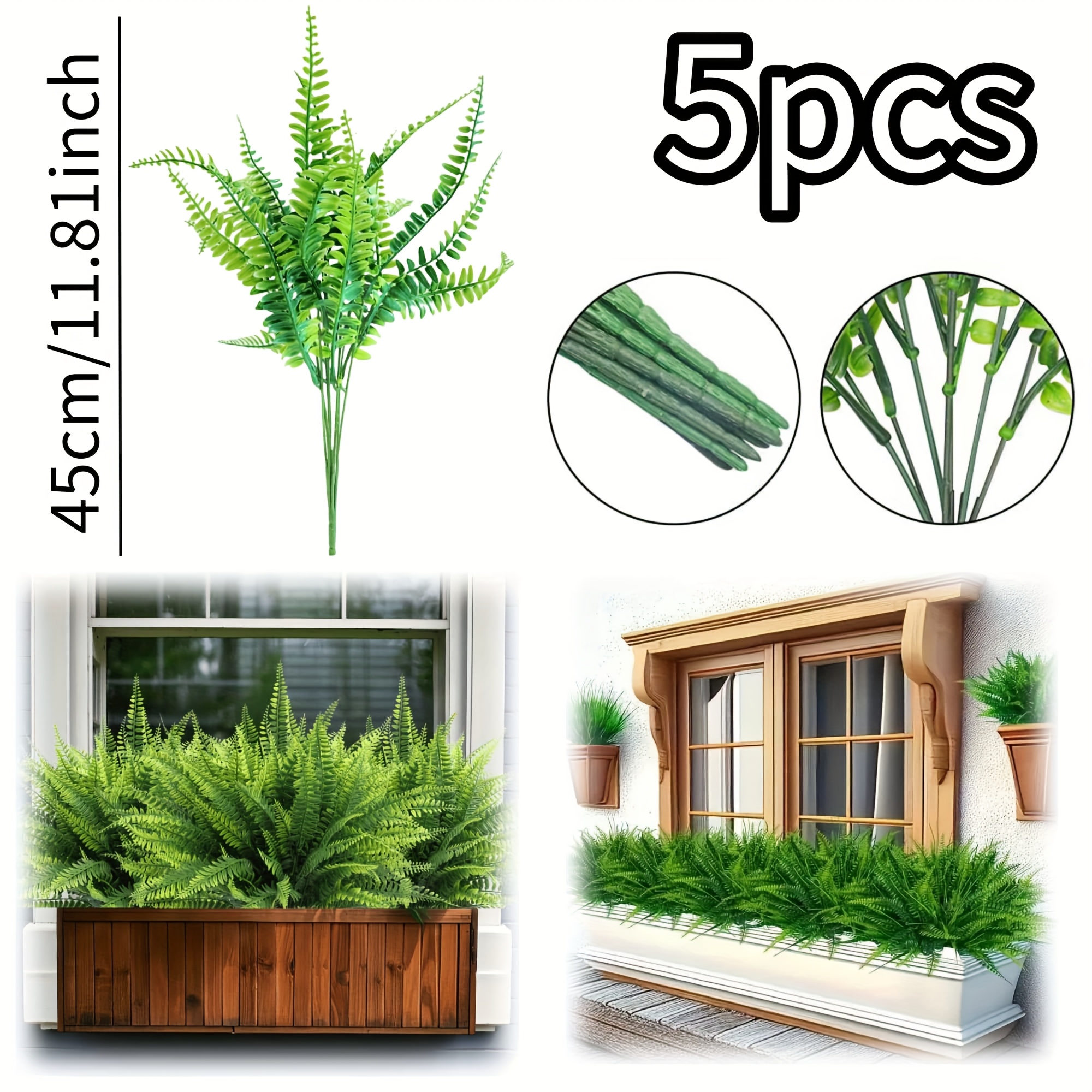 5pcs Uv-resistant Artificial Boston Fern Plants | Durable Plastic Green Foliage For Indoor/outdoor Hanging Planters, , Patios, Decor | Perfect For Mother's Day, Seasonal, And Greenery