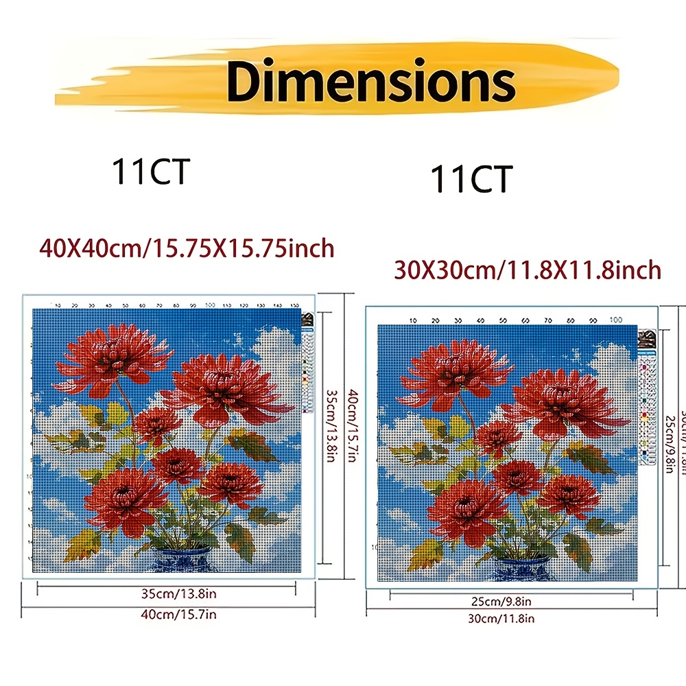 New Cross Stitch Printed Kit, Red Chrysanthemum Blue Sky Blooming